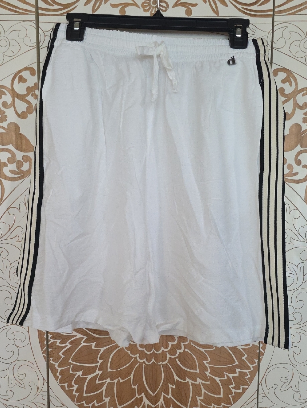 White  Bermuda Shorts with Black Striped Side Panels,purchased In ITALY